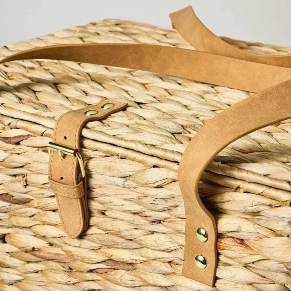 Hearth & Hand Magnolia Natural Woven Picnic Basket with Green Plaid Liner NWOT